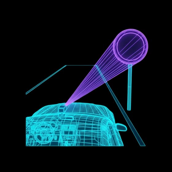 Drahtgitter-Darstellung eines Autos mit Frontkamera, die einen Lichtkegel auf ein rundes Verkehrsschild am Fahrbahnrand richtet; Symbolbild für die Verkehrszeichenerkennung des Geschwindigkeitsassistenten (ISA)