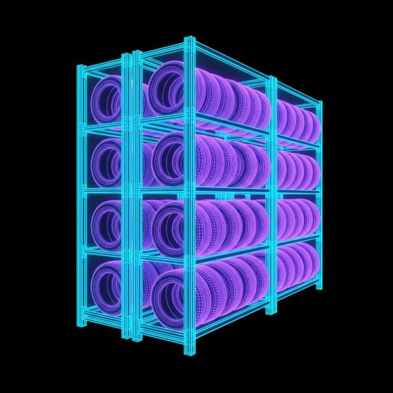 Wireframe gestapelter Kompletträder im Einlagerungsregal
