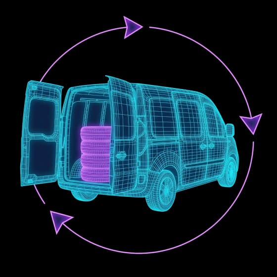 Transporter-Wireframe mit eingeladenen Rädern und Kreispfeilen