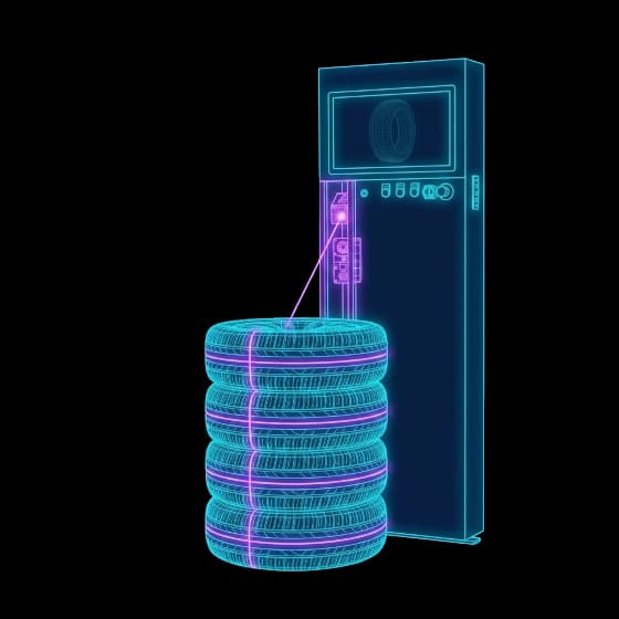 Wireframe einer Laser-Messstation mit gestapeltem Radsatz