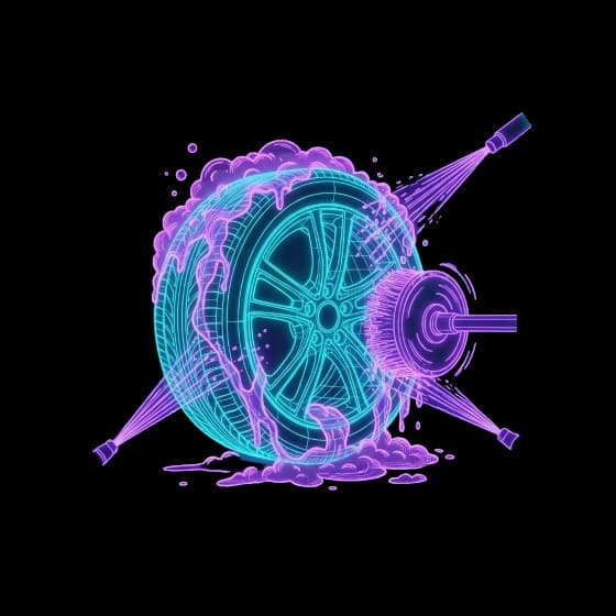 Wireframe eines gereinigten Rads mit Wassertropfen
