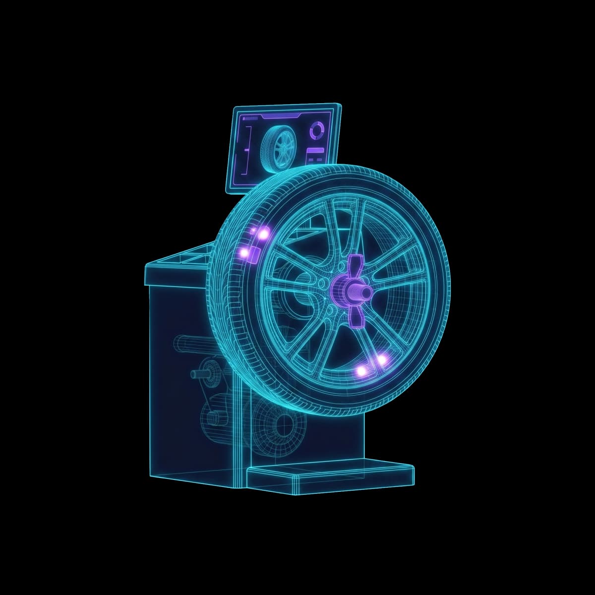 Wireframe eines Rads auf der Wuchtmaschine mit Auswuchtgewichten