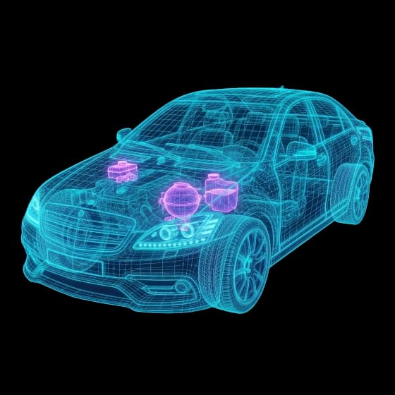 Fahrzeug-Wireframe mit hervorgehobenen Betriebsflüssigkeits-Behältern
