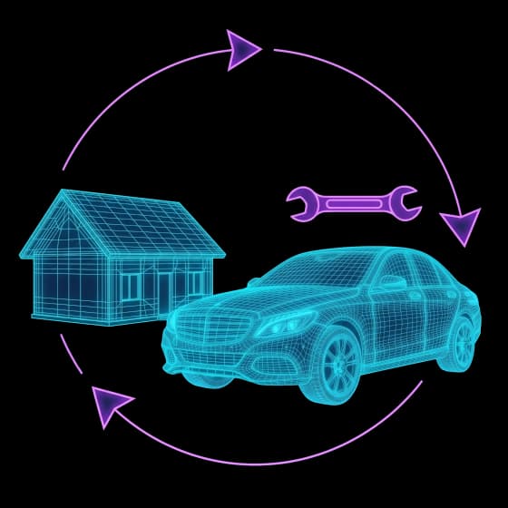 Fahrzeug-Wireframe zwischen Haus und Werkstatt mit Kreispfeilen
