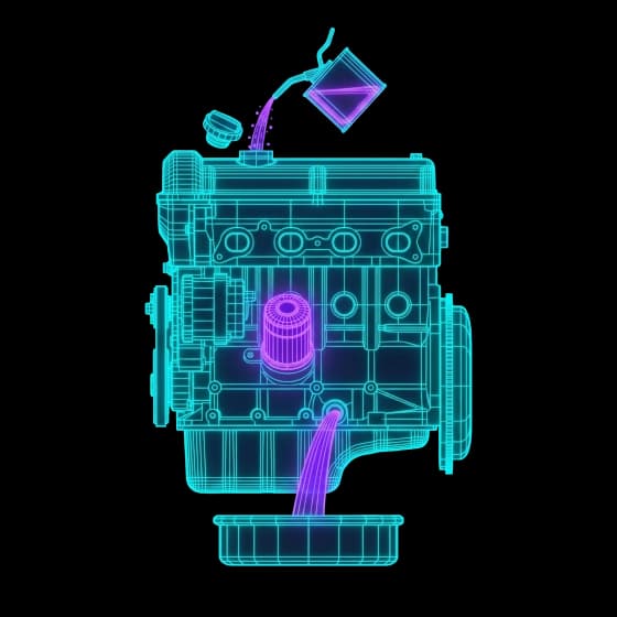 Wireframe eines Motors mit Ölkanister und hervorgehobenem Ölfilter