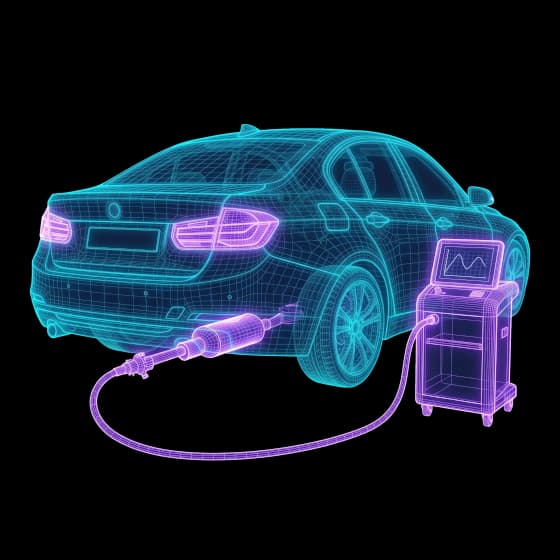 Fahrzeug-Wireframe mit Prüf-Haken – Abgasuntersuchung im Haus