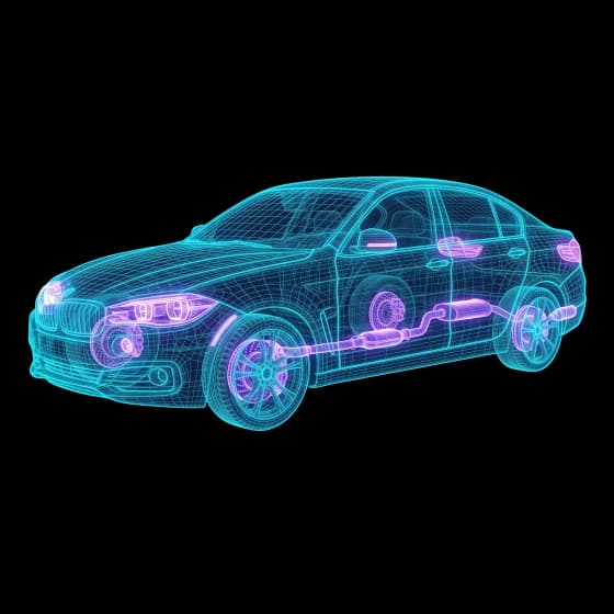 Fahrzeug-Wireframe mit hervorgehobenen prüfungsrelevanten Bauteilen