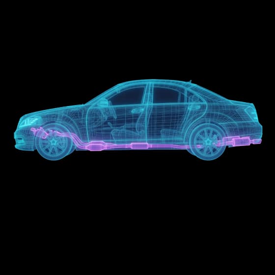 Heck-Wireframe eines Fahrzeugs mit hervorgehobener Abgasanlage