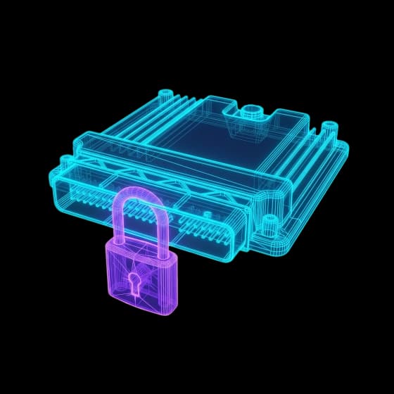 Wireframe eines Kfz-Steuergeräts mit violettem Vorhängeschloss vor dem Steckanschluss – Symbolbild Software-Pairing