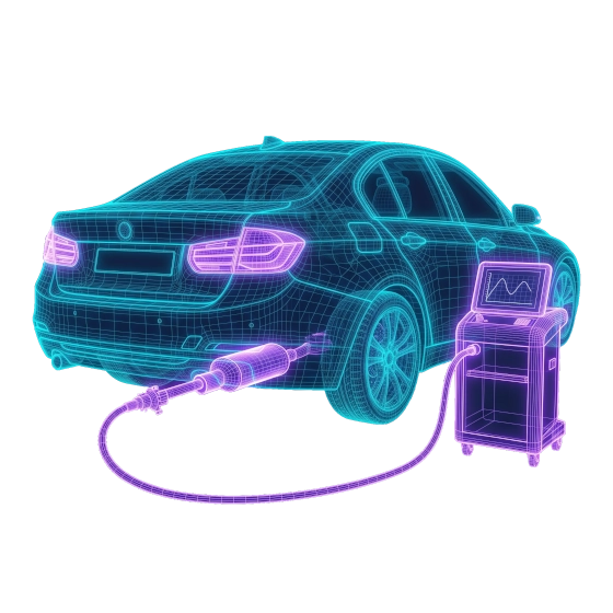Fahrzeug-Wireframe mit hervorgehobener Abgasanlage – Abgasuntersuchung