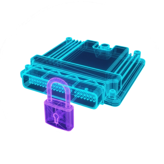 Wireframe eines Kfz-Steuergeräts mit violettem Vorhängeschloss vor dem Steckanschluss – Symbolbild Software-Pairing