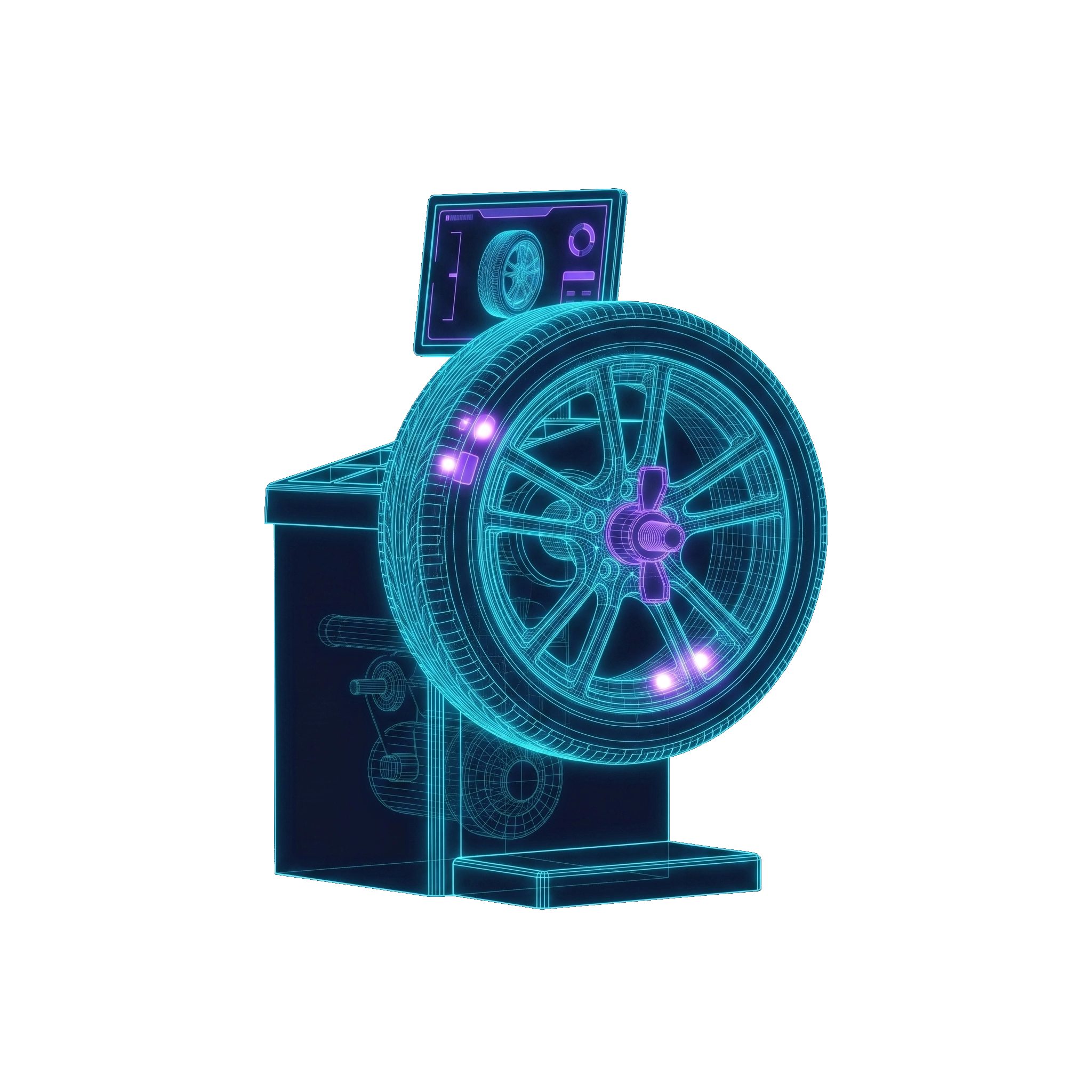 Wireframe eines Rads auf der Wuchtmaschine mit Auswuchtgewichten